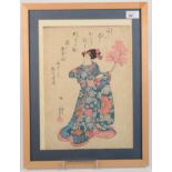 A Japanese print of a geisha girl, with calligraphy, 36 x 25.5cm.