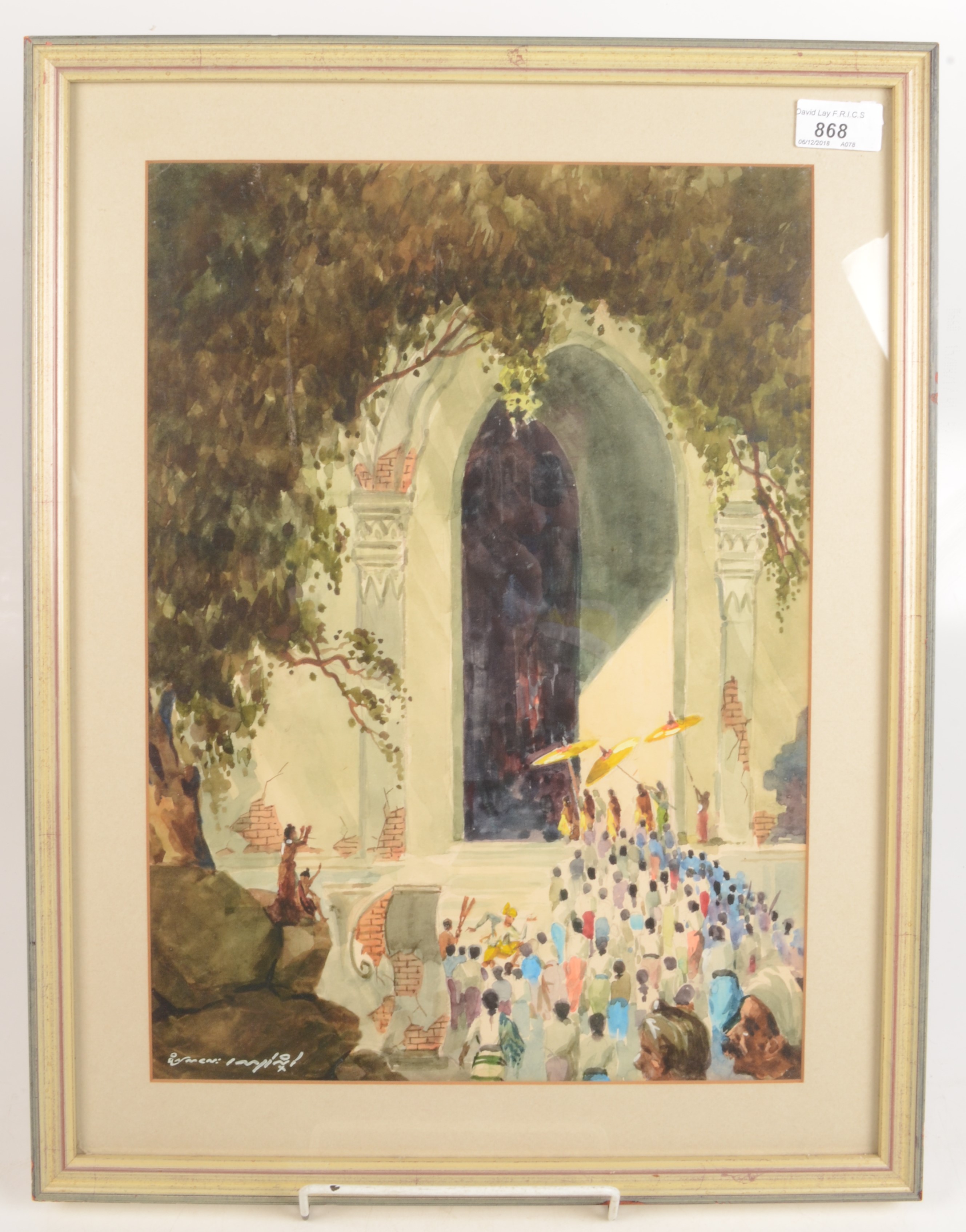 A watercolour of a procession with Buddhist monks entering a temple Indistinctly signed 42 x 30 cm