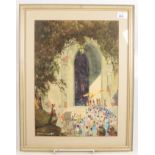 A watercolour of a procession with Buddhist monks entering a temple Indistinctly signed 42 x 30 cm