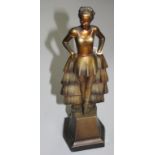 An Art Deco cold painted metal table lighter, in the form of a lady standing on a plinth, height 24.