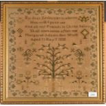 A needlework sampler depicting Adam and Eve beneath the tree of life, with verse, by Margaret Adams,