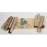Six Japanese paper painted scrolls, each with calligraphy and seal mark, width 25cm.