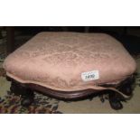 A Victorian mahogany upholstered footstool with cabriole legs, height 16.5cm, 32 x 32cm.