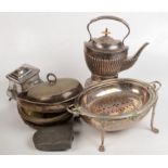 A revolving breakfast dish, a spirit kettle, a Sheffield plated waiter etc.