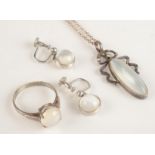 A pair of moonstone earrings, a moonstone pendant and chain together with a moonstone ring.