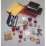 Cornish Masonic and other regalia mostly silver but no gold noted together with related books.