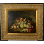 A still life pastiche oil on panel in a moulded gilt frame, overall size 76 x 65cm.