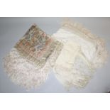 Three silk scarves, one ivory, fine silk scarf with crochet fringing.