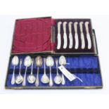 Eight silver spoons, a Bengal silver spoon and a set of 6 dessert knives with filled silver handles.