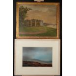 A watercolour of Dartmoor signed J R Merlin and three other works various media.