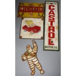 Four cast iron motoring signs, to include 'Ask For Castrol Motor Oil', 58.5 x 16cm, 'Michelin', 19.