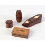 An 18th century treen snuff box in the form of a shoe, length 10cm, a Tunbridge Ware 'Pins' box,