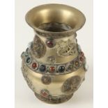 A Chinese brass vase, the body set with hardstones and decorated with buddhas and dragons,