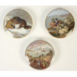 Three Pratt ware pot lids, 'The Snow Drift', 'Peace' and 'Harbour of Hong Kong'.