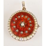 A gold Edwardian red guilloche enamel and pearl brooch/pendant.