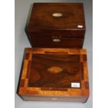 A Victorian shell inlaid workbox, with bun feet, height 12cm, width 32cm and a rosewood work box.