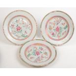 A set of three Chinese famille rose porcelain plates, 18th century,