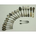 Various silver spoons, other silver cutlery 13oz, together with two silver bladed fish knives.