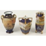 Three Japanese Noritake porcelain vases, two painted with river scenes,