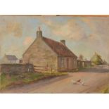 An oil on board of hens before farm buildings, signed J.M. Ness, 25.4 x 35.5cm.