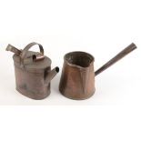 A copper domestic water can and a Victorian copper jug with tapering side handle.