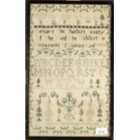 A Georgian needlework sampler, by Sarah Johnson dated 1788 depicting alphabet and verse, 46 x 29cm.