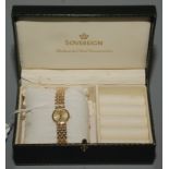 A lady's gold cased Sovereign wrist watch on gold bracelet, original box.