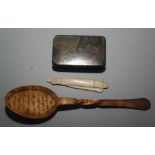 A European horn spoon, a Victorian papier mache snuff box etc.