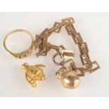 A 9 ct. gold bracelet and two gold charms, 7.7g, together with an 18 ct. gold ring.