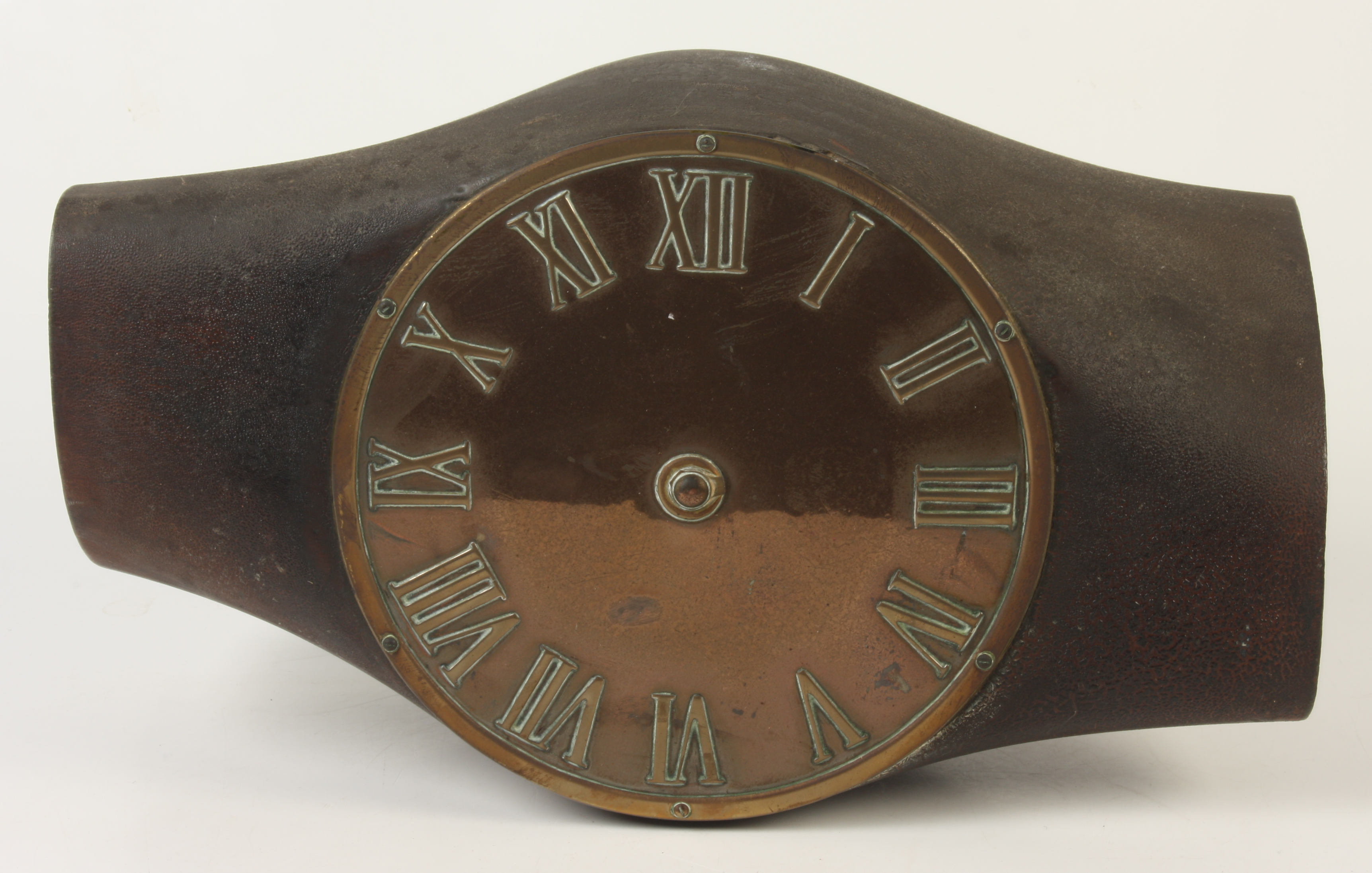 A wooden aero propeller hub with a circular copper and brass clock face, No 30478.