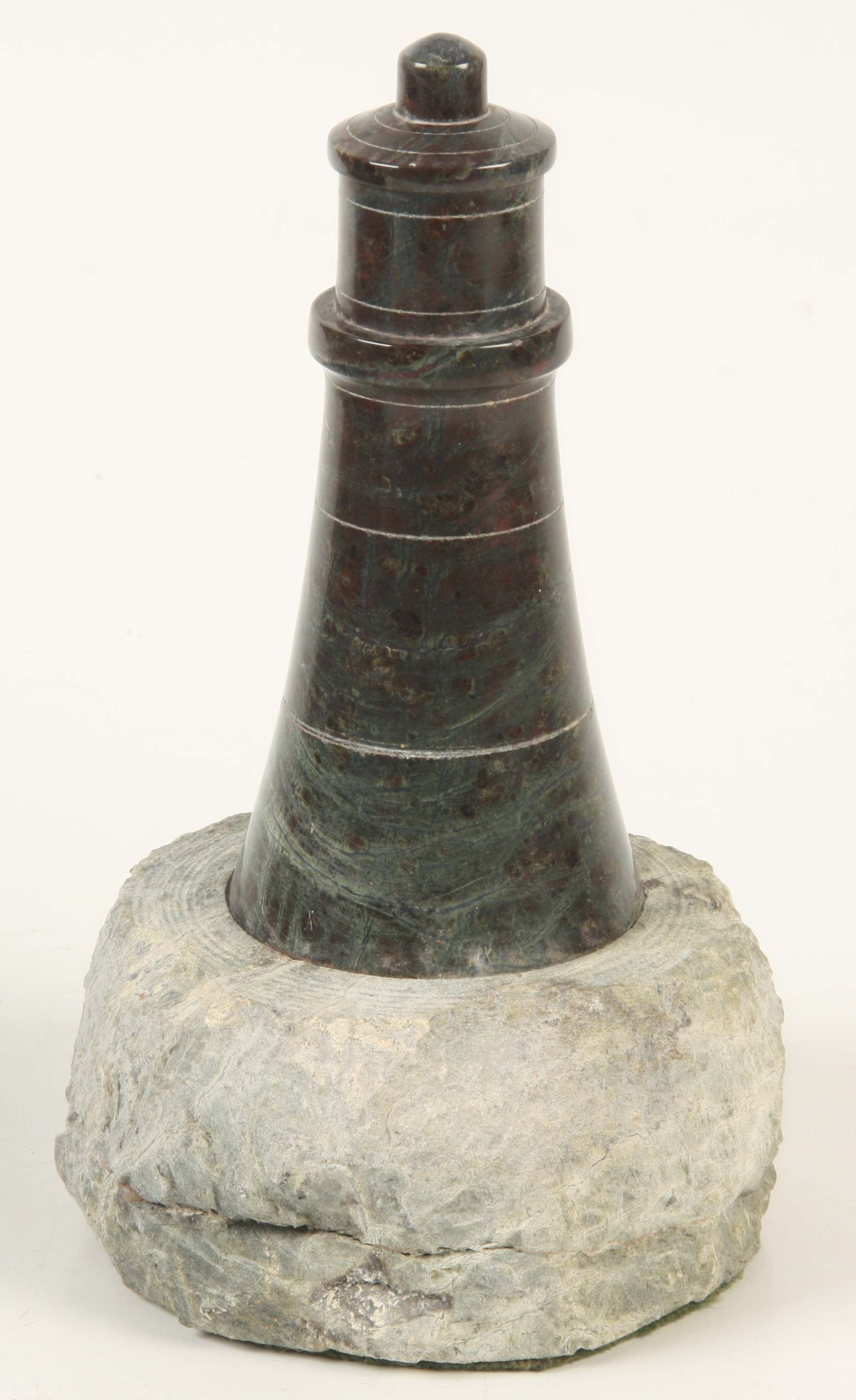 A Cornish serpentine model of a lighthouse, height 19.5cm, a pair of candlesticks, height 12. - Image 2 of 2