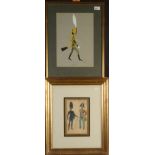A watercolour of a uniformed officer Titled "Where's my gee" 14th Hussar signed by F George framed
