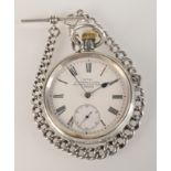 A silver keyless open faced pocket watch and silver watch chain.