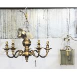 A brass five branch chandelier, height 47cm and a brass hanging lantern, height 25cm.