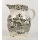 A black printed creamware jug, 19th century, height 14cm, width 16cm.