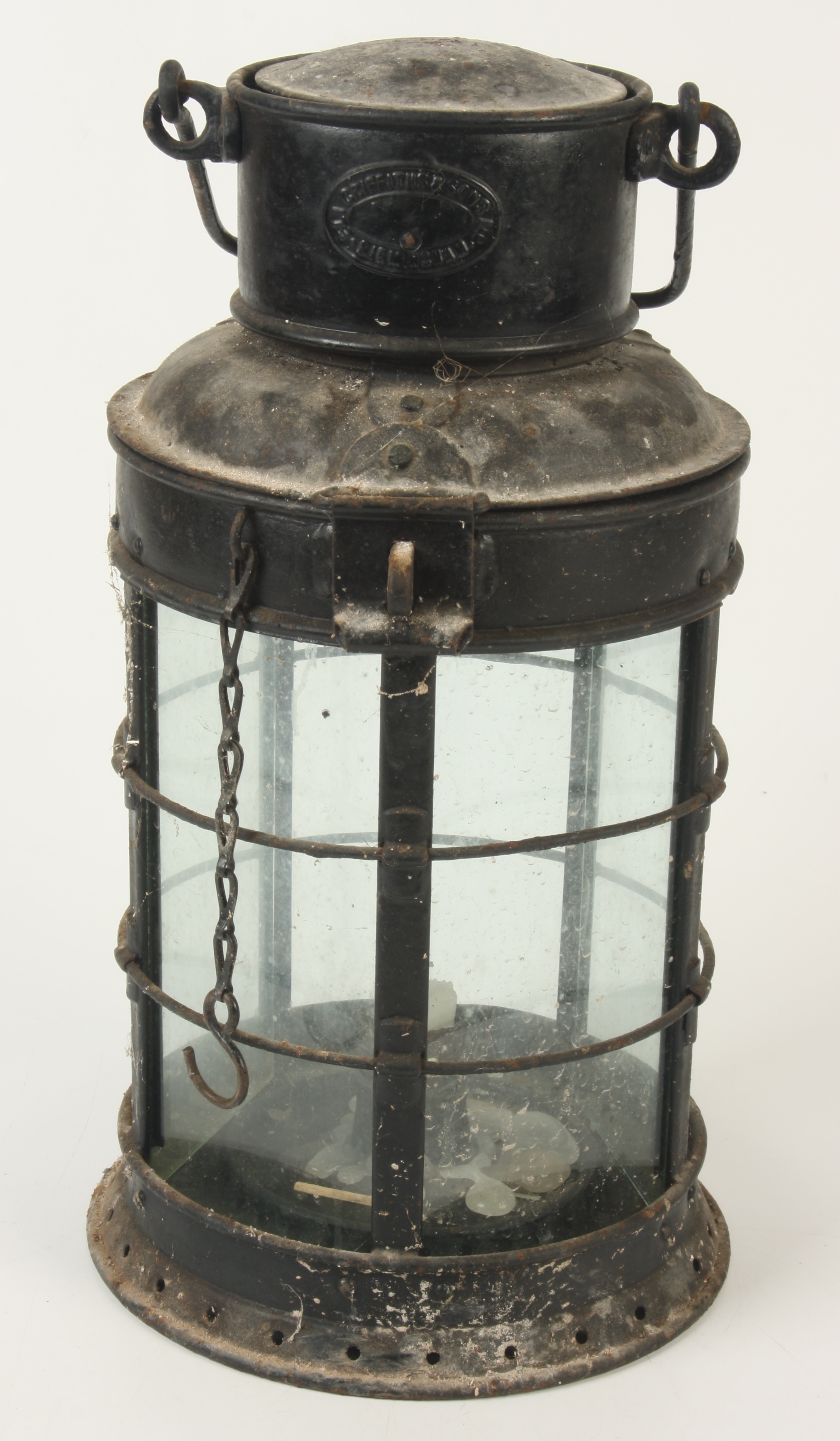 A black painted metal lantern, by Eli Griffiths & Sons Ltd, Birmingham, height 34cm.
