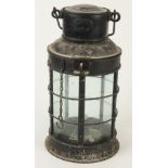 A black painted metal lantern, by Eli Griffiths & Sons Ltd, Birmingham, height 34cm.