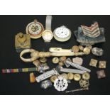 Miscellaneous, including military insignia and 9ct yellow and white gold single rose pin.