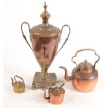 A Regency copper tea urn, height 41cm, and three Victorian copper kettles, heights 19.