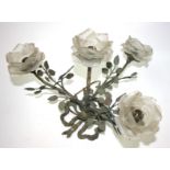 A gilt metal ceiling light, with four opaque glass roses, height 31cm, width 47cm.