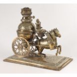 An Indian brass oil lamp, early 20th century, modelled as a five headed horse and chariot,