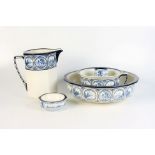 A Royal Doulton blue and white toilet set, comprising a jug and bowl, chamber pot,