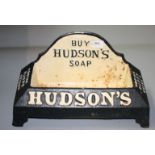 A cast iron Hudson's Soap dog bowl, inscribed 'Buy Hudson's Soap, Drink Puppy Drink', height 19.