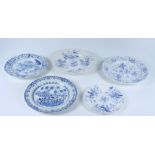 Five early 19th century British blue and white earthenware plates.