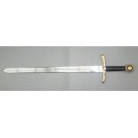 A sword with brass and black leather handle, the steel blade impressed 'LA' to both sides,