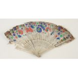 A Chinese painted feather and bone fan, late 19th/early 20th century, length 28cm.
