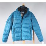 A Calvin Klein teal jacket, padded with 70% down and 30% feather, length approximately 66cm, size L.