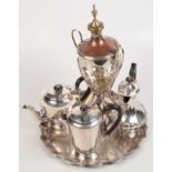 An Adams style tea urn, a teapot, a plain EPNS teapot, a matching hot water jug,