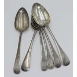 Four George lll Old English pattern silver tablespoons and two similar later spoons, 12.7oz.