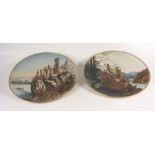 A pair of Mettlach chargers, decorated with incised castles in landscapes,